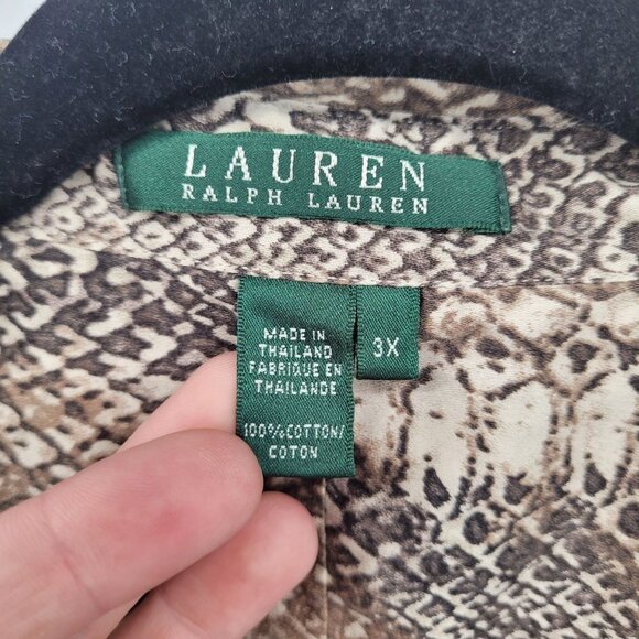 Lauren Ralph Lauren Womens 3X cream brown snake croc print button up blouse - Picture 4 of 8